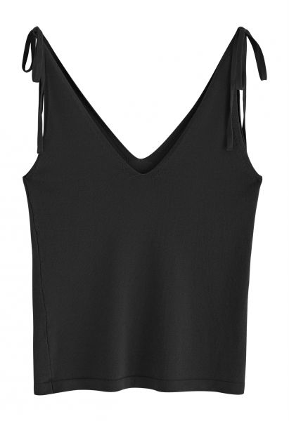Camiseta sin mangas con cuello en V y hombros anudados en negro
