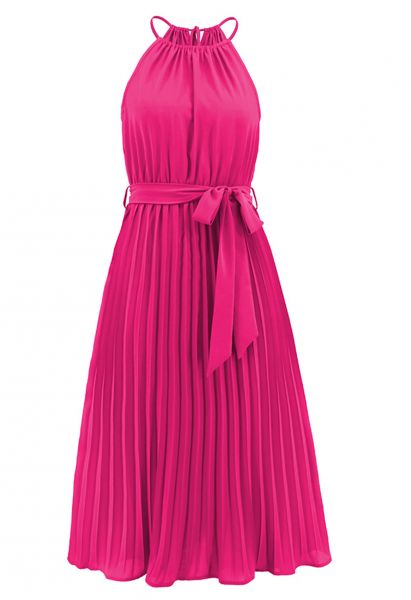 Vestido plisado con cuello halter y cintura anudada en rosa intenso