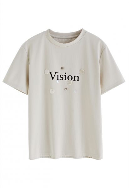 Camiseta con cuello redondo y lentejuelas con estampado Vision en marfil