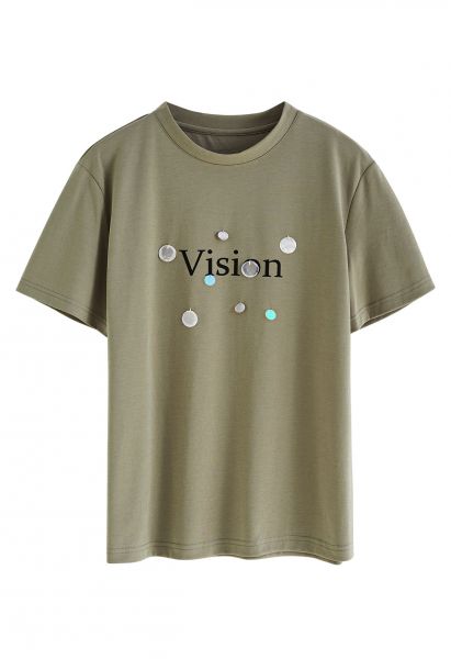 Camiseta con cuello redondo y lentejuelas con estampado Vision en salvia