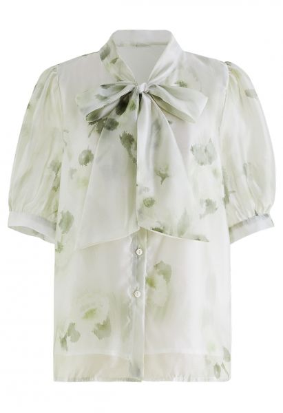 Camisa transparente con lazo floral de acuarela en verde