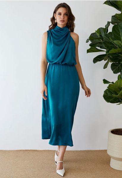 Vestido sin mangas con escote fruncido asimétrico en verde azulado