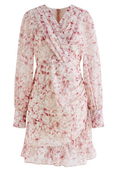 Mini vestido con volantes y faux-wrap floral rosa