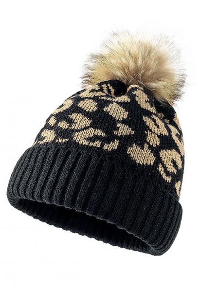 Gorro Beanie Fuzzy Pom-Pom Leopard Knit en negro