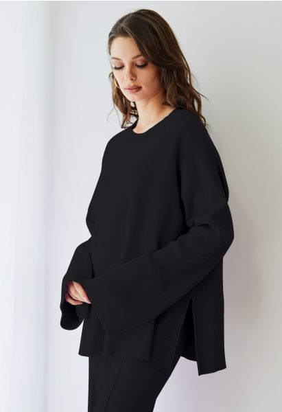 Suéter de punto suave con detalle de canalé y dobladillo con abertura en negro