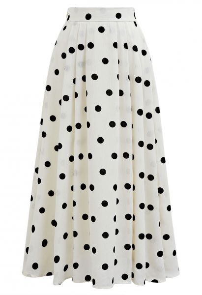 Falda amplia plisada con estampado de lunas texturizadas en color crema