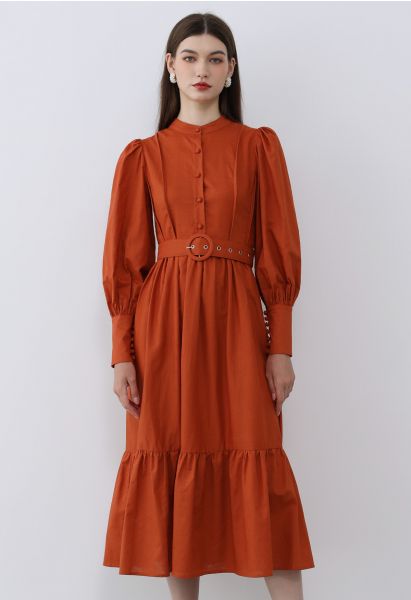 Vestido midi de mezcla de lino con botones y mangas farol en naranja
