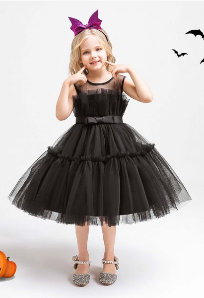 Vestido de tul con cintura con lazo en negro para niños