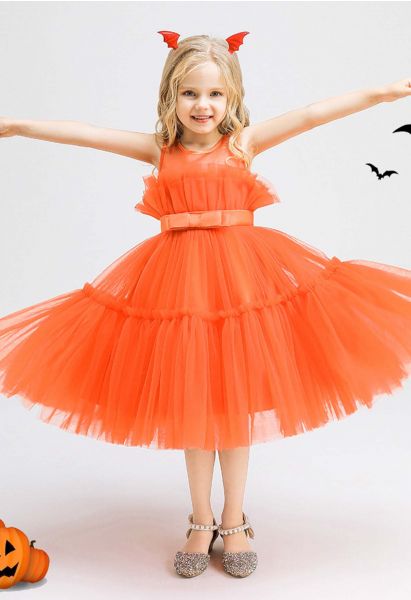 Vestido de tul con cintura con lazo en naranja para niños