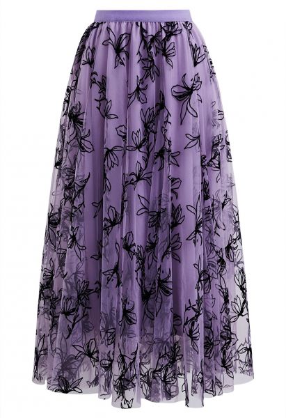 Falda larga de malla de doble capa Magnolia de terciopelo en lila