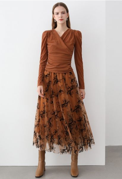 Falda larga de malla de doble capa Magnolia de terciopelo en naranja