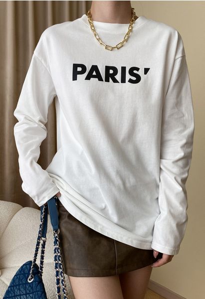 Top de manga larga con cuello redondo y estampado de París