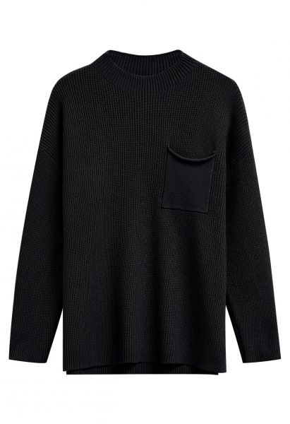 Suéter de punto acanalado con bolsillo de parche en negro