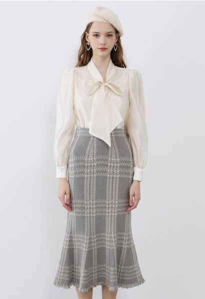 Falda de punto con dobladillo con flecos a cuadros vintage en gris