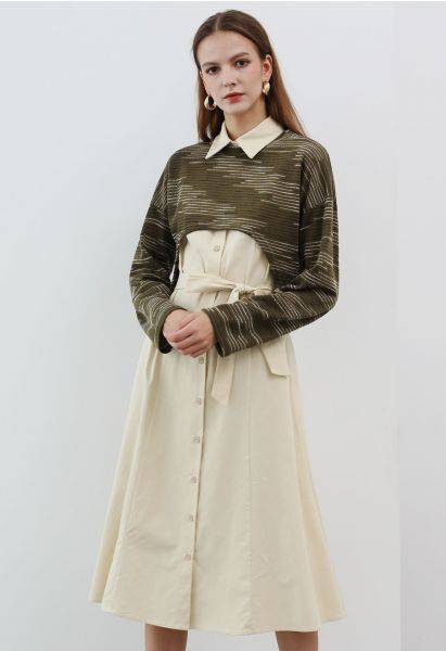 Conjunto de vestido camisero sin mangas y jersey en mezcla de algodón en color crema