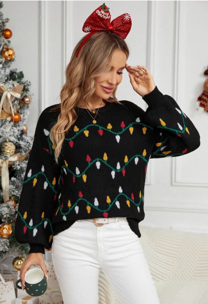Suéter de punto con estampado de luces de colores navideños