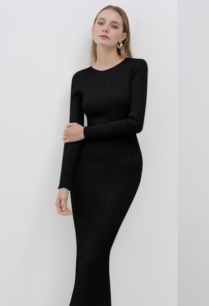 Vestido largo de punto ajustado con textura de rayas en negro