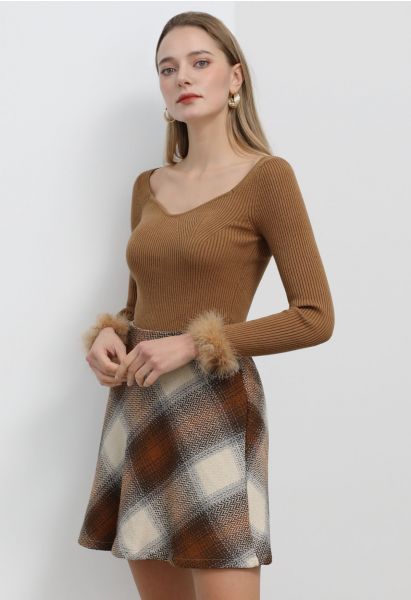 Exquisita minifalda de mezcla de lana con estampado de cuadros