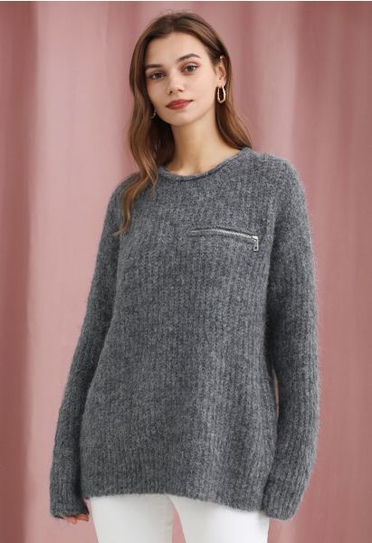 Suéter de punto borroso decorado con cremallera en gris