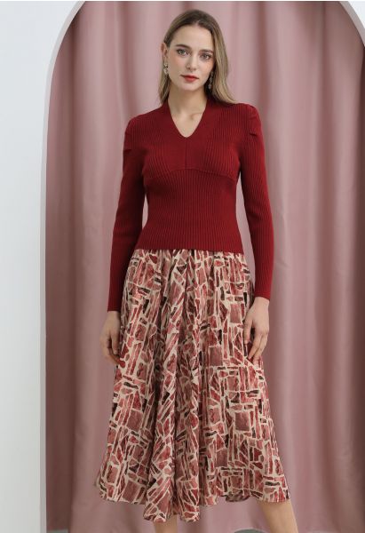 Falda midi con estampado gráfico en rojo