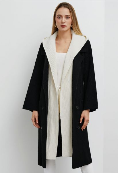 Abrigo largo con capucha de dos piezas falso en contraste en negro
