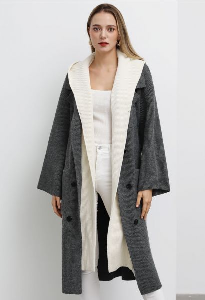 Abrigo largo con capucha de dos piezas falso en contraste en gris