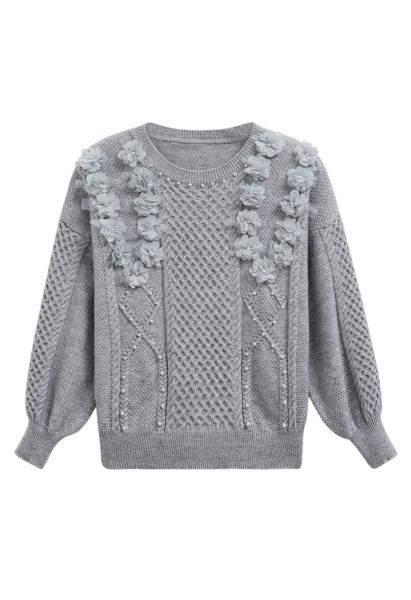 Suéter de punto nacarado con flores 3D en gris