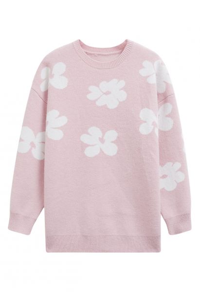 Suéter de punto con estampado de flores en contraste en rosa