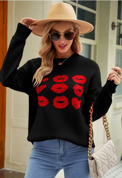 Suéter de punto con estampado de labios rojos en negro