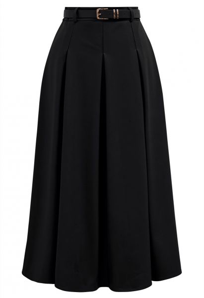 Falda midi plisada con cinturón de piel sintética en negro