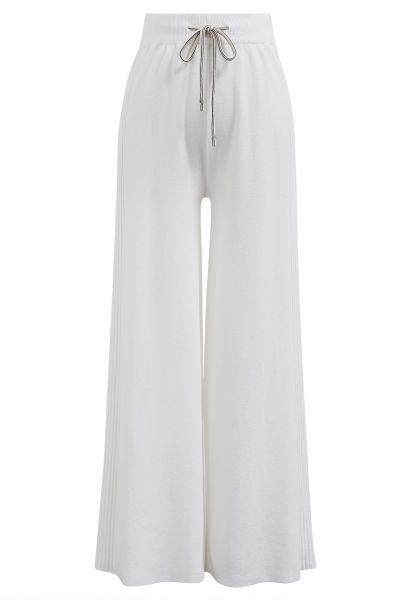 Pantalones de punto con cintura con cordón y detalle de canalé en blanco