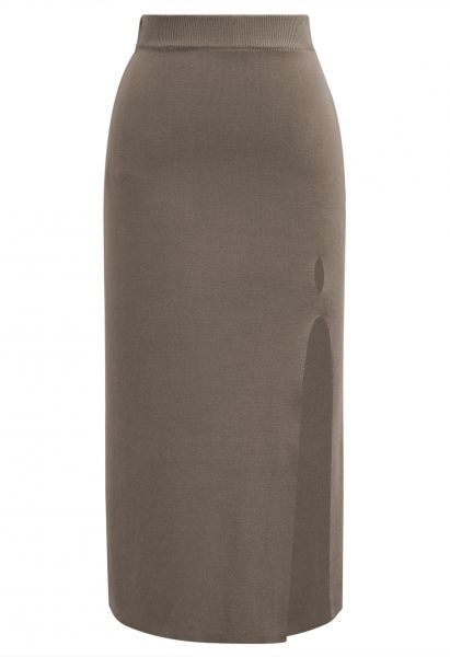 Falda midi de punto con abertura lateral y abertura en color topo