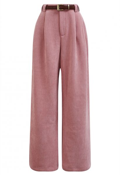 Pantalones rectos de pana con cinturón y forro polar en rosa