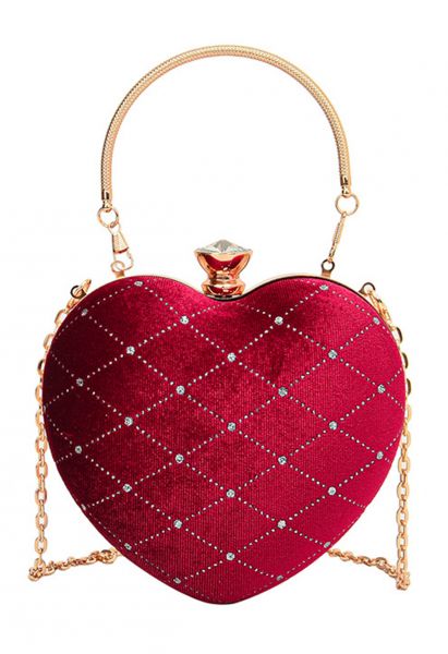 Clutch de corazón de terciopelo con forma de diamante de alta gama en rojo