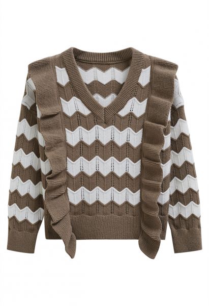 Suéter de punto con rayas onduladas y ribete de volantes en marrón
