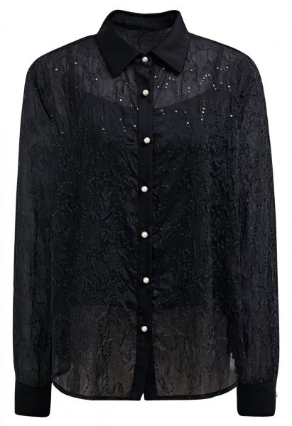 Camisa con botones de lentejuelas de malla floral en negro