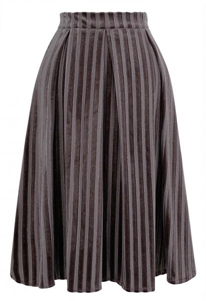 Falda midi de terciopelo plisado a rayas brillantes en marrón