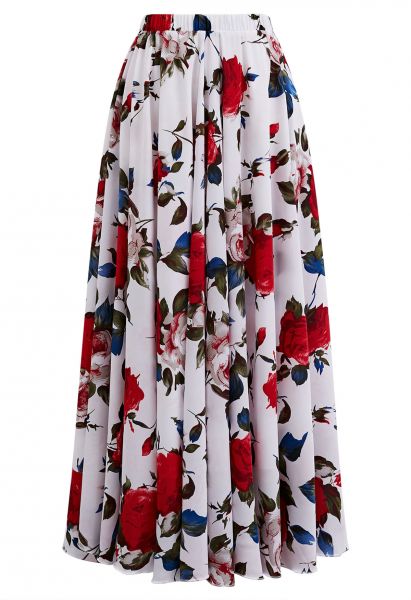 Fascinante falda larga de gasa con estampado de rosas