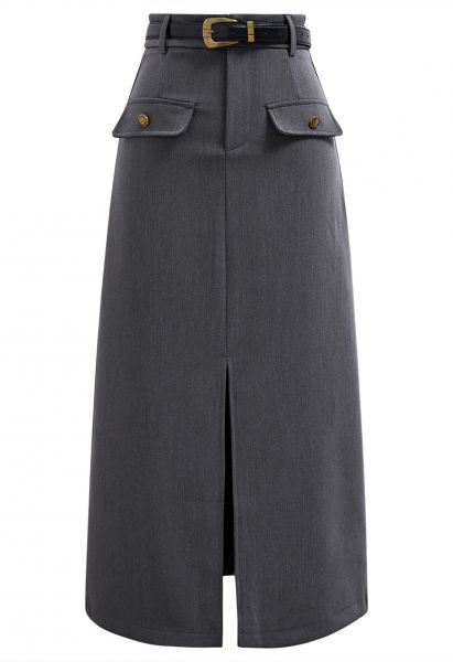 Falda midi con abertura delantera y bolsillos con solapa en color humo