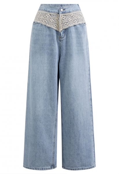 Jeans anchos con ribete de encaje calado