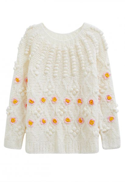 Suéter de punto grueso con flores y pompones