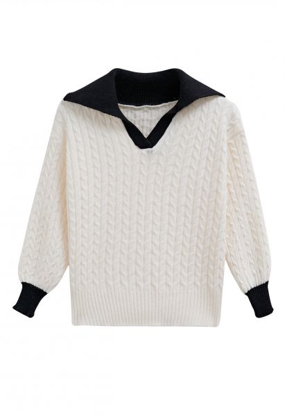 Suéter de punto de ochos con cuello con solapa en contraste en marfil