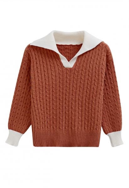 Suéter de punto de ochos con cuello con solapa en contraste en calabaza