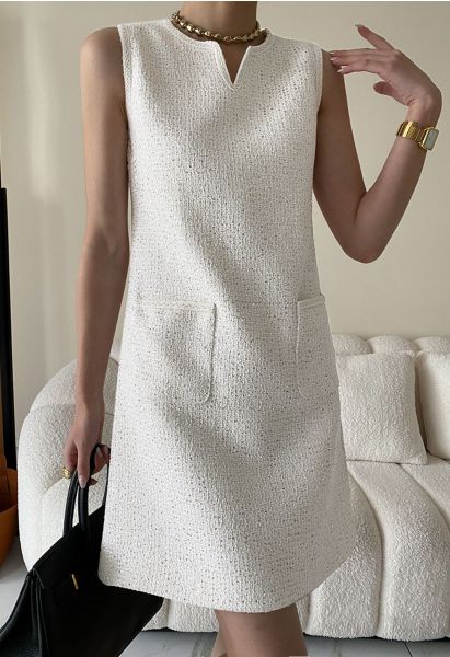 Vestido de tweed sin mangas con bordado de lentejuelas en blanco