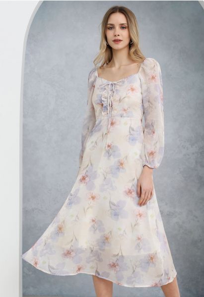 Vestido midi de gasa floral de primavera en azul claro