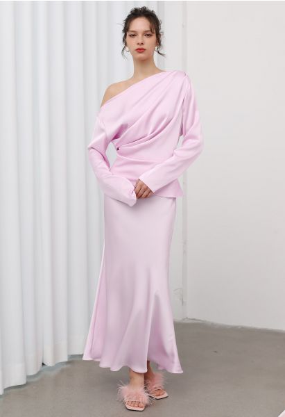 Falda larga de sirena con acabado satinado en rosa