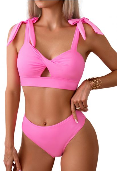 Conjunto de bikini con abertura torcida y lazo en los hombros en rosa