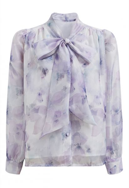 Camisa transparente floral acuarela con cuello de lazo en color lila