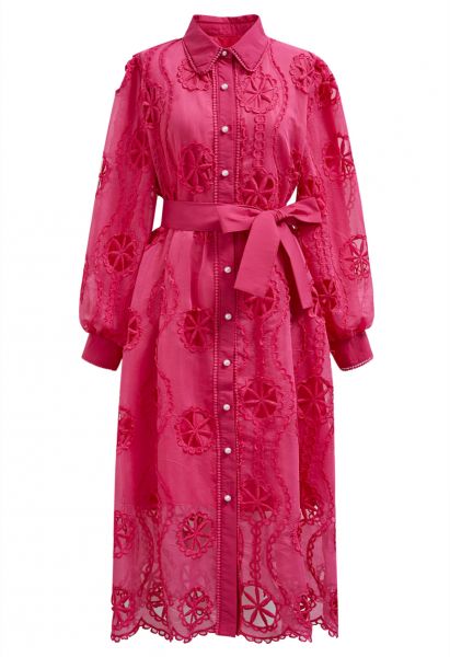 Vestido midi con botones de crochet calado en rosa intenso