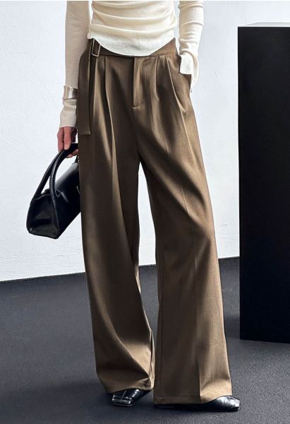 Pantalones anchos de cintura alta con cinturón liso en color caqui